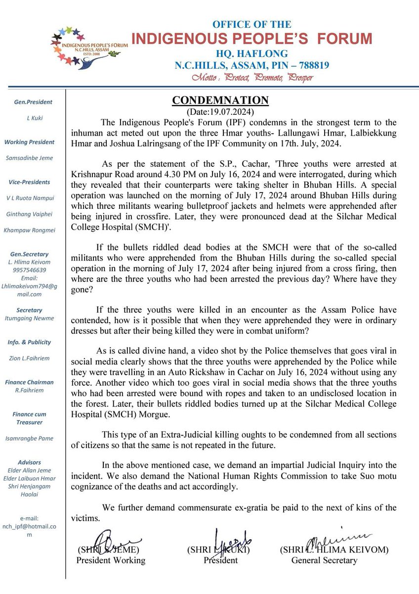 alanthiek's tweet photo. Indigenous People's Forum, Assam's Condemnation on the extra-judicial killings of  3 Hmars by Assam Police in Cachar, Assam @himantabiswa @htTweets @IndianExpress @IndiaToday @Jairam_Ramesh @jeegujja @dhruv_rathee @GauravGogoiAsm @RahulGandhi @UNHumanRights https://t.co/MPdtWwTgJV