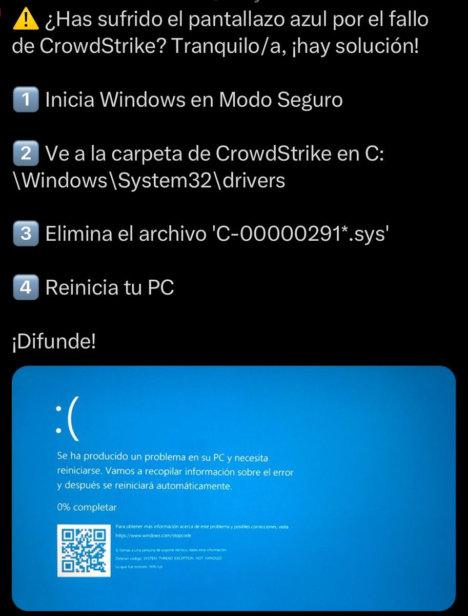 TATANRYB's tweet photo. Asi se soluciona el fallo con windows #solucionfallo #fallawindows #windows #fallamundial #viral https://t.co/DDGi9m5e7b