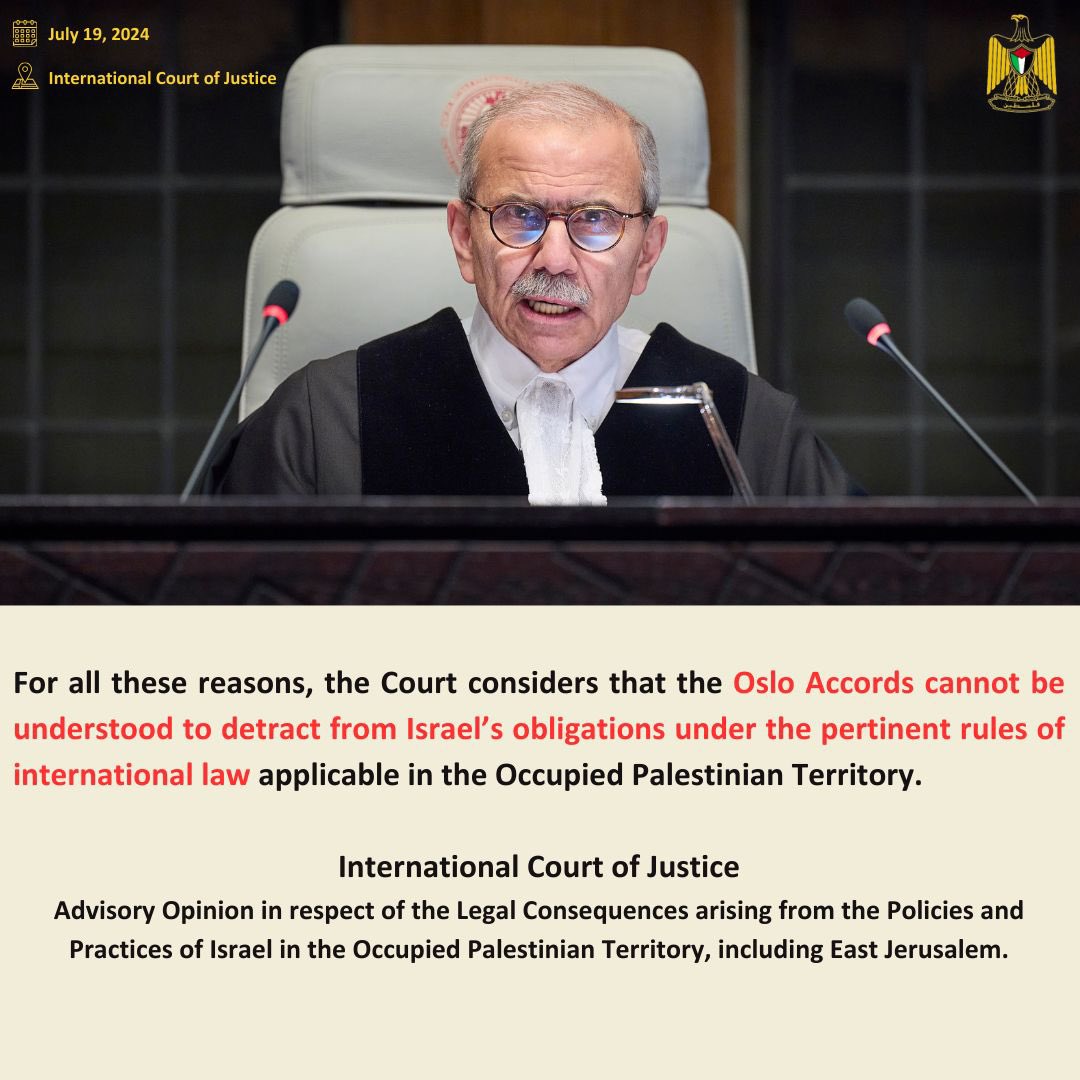 Palestine_UN's tweet photo. The ICJ confirmed that the Oslo Accords cannot be understood to detract from Israel’s obligation as an occupying Power. https://t.co/65pASzBxzU
