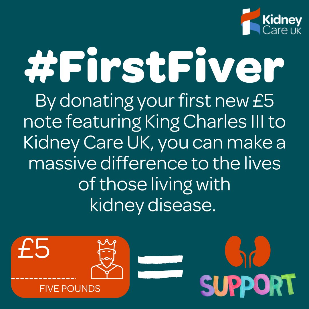 kidneycareuk's tweet photo. 💷 Show your support for the #FirstFiver challenge &amp; make a difference! Every new £5 note that features King Charles III can aid Kidney Care UK in a big way. How? Learn more here: https://t.co/FizOoBAlNa.

📲 Keep your note &amp; text FIRSTFIVER to 70580 to donate £5. T&amp;Cs apply https://t.co/xXANC1lkgF