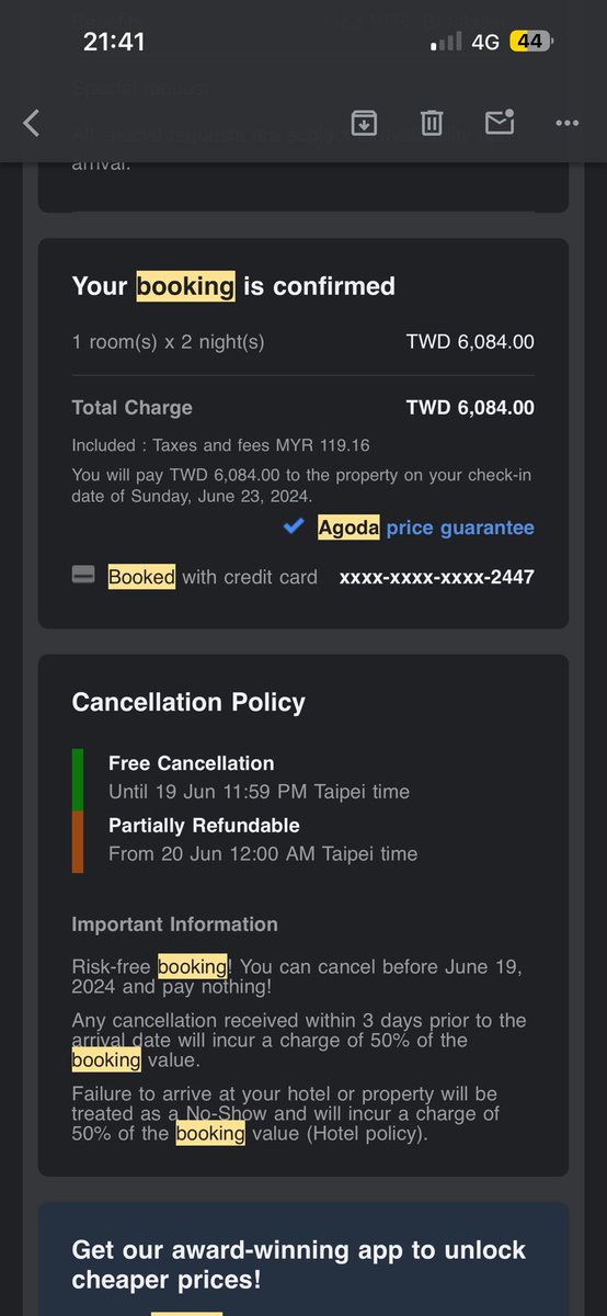 amr_ashda's tweet photo. Free cancellation up to until 19 June and I cancelled on 18 June but still cannot refund? @agoda https://t.co/pBDkrEoFKJ