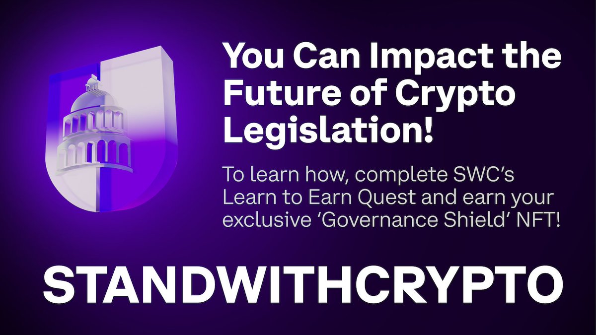 standwithcrypto's tweet photo. Our second Learn to Earn quest is live on @GalxeQuest! 

Learn key facts about the legislative process, collect your ‘Governance Shield’ NFT, and stay tuned for the next level.

https://t.co/G44L1JK1Xa https://t.co/ZUdqwYzaea