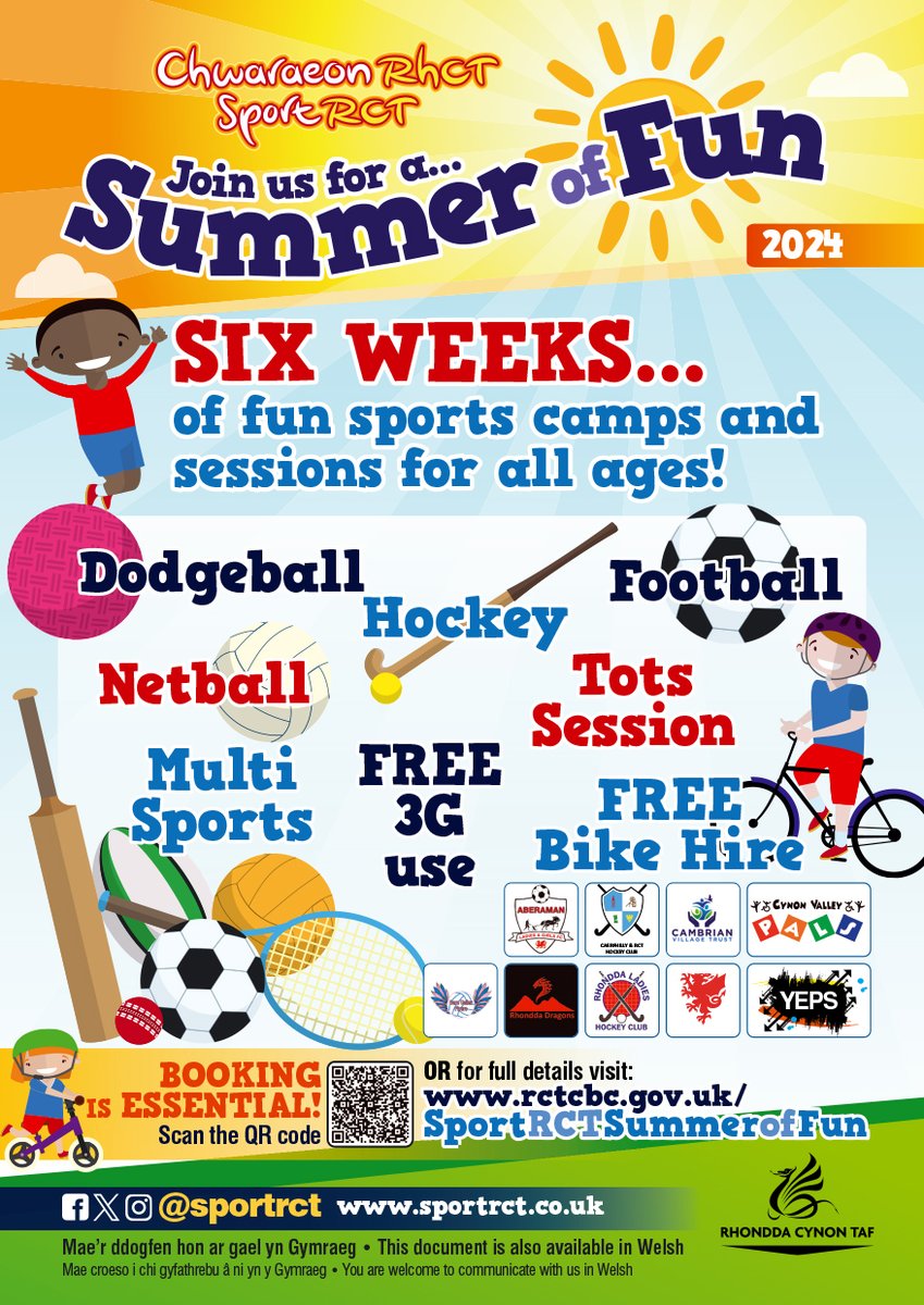 SportRCT's tweet photo. The Sport RCT Summer of Fun is back for 2024 ☀️

Six weeks of..
⚽️  Just Play Football sessions
🏑 Sports Camps
🚲 Ride a Bike open days
🥳 Tots sessions
🏐Free 3G access

For full details or to book, visit https://t.co/m4C86eAsnc

@RCTCouncil @rctleisure @FcAberaman @caerandrcthc @RhonddaLadies @YepsRCT