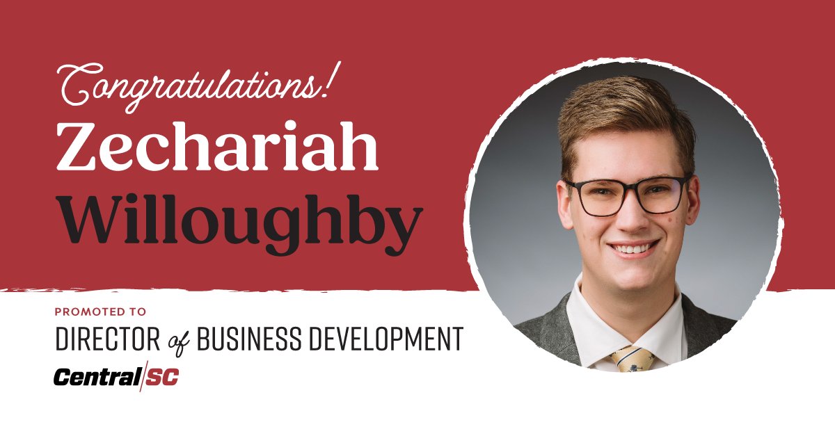 Central_SC's tweet photo. We're thrilled to announce the promotion of Zechariah Willoughby to Director of Business Development at the Central SC Alliance. Zechariah's exceptional dedication, research skills, and leadership have been pivotal to our success. Join us in congratulating him!
#CentralSCAlliance https://t.co/XPzPdBNr8r