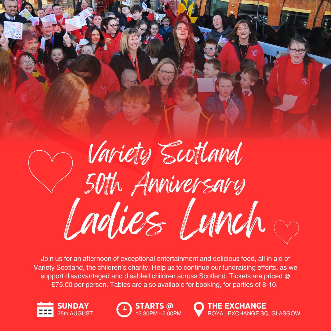 50th Anniversary #LadiesLunch 2️⃣0️⃣2️⃣4️⃣
Sunday, August 25th @ The Exchange #Glasgow, 12.30 - 5pm
We'd love to see you there‼️❤️ Tickets &amp; tables available‼️
#booknow ⬇️ <a href="/VarietyGB/">Variety, the Children’s Charity</a> #Glasgow 
shop.variety.org.uk/products/varie…