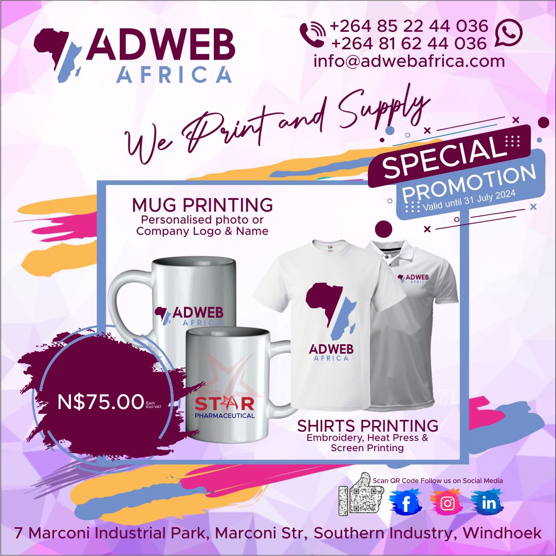 adweb_africa's tweet photo. ADWEB AFRICA: We Print and Supply! 
Take advantage of our special promotion valid until 31 July 2024!
Contact us at: 
📞 +264 85 22 44 036
📞 +264 81 62 44 036
✉️ info@adwebafrica.com

Visit us at:
📍 7 Marconi Industrial Park, Marconi Str, Southern Industry, Windhoek, Namibia https://t.co/X2u6MrbQ8R