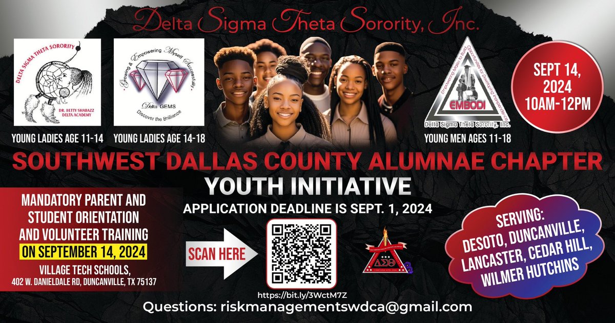 Calling All Youth ages 11-18

What: Mandatory Parent/Student Orientation

Why: Join SWDCA Youth Mentorship Program

When: September 14, 2024

Where: Village Tech Schools, 402 W. Danieldale Rd, Duncanville, TX 75137

Access the application here: form.jotform.com/241875583372062