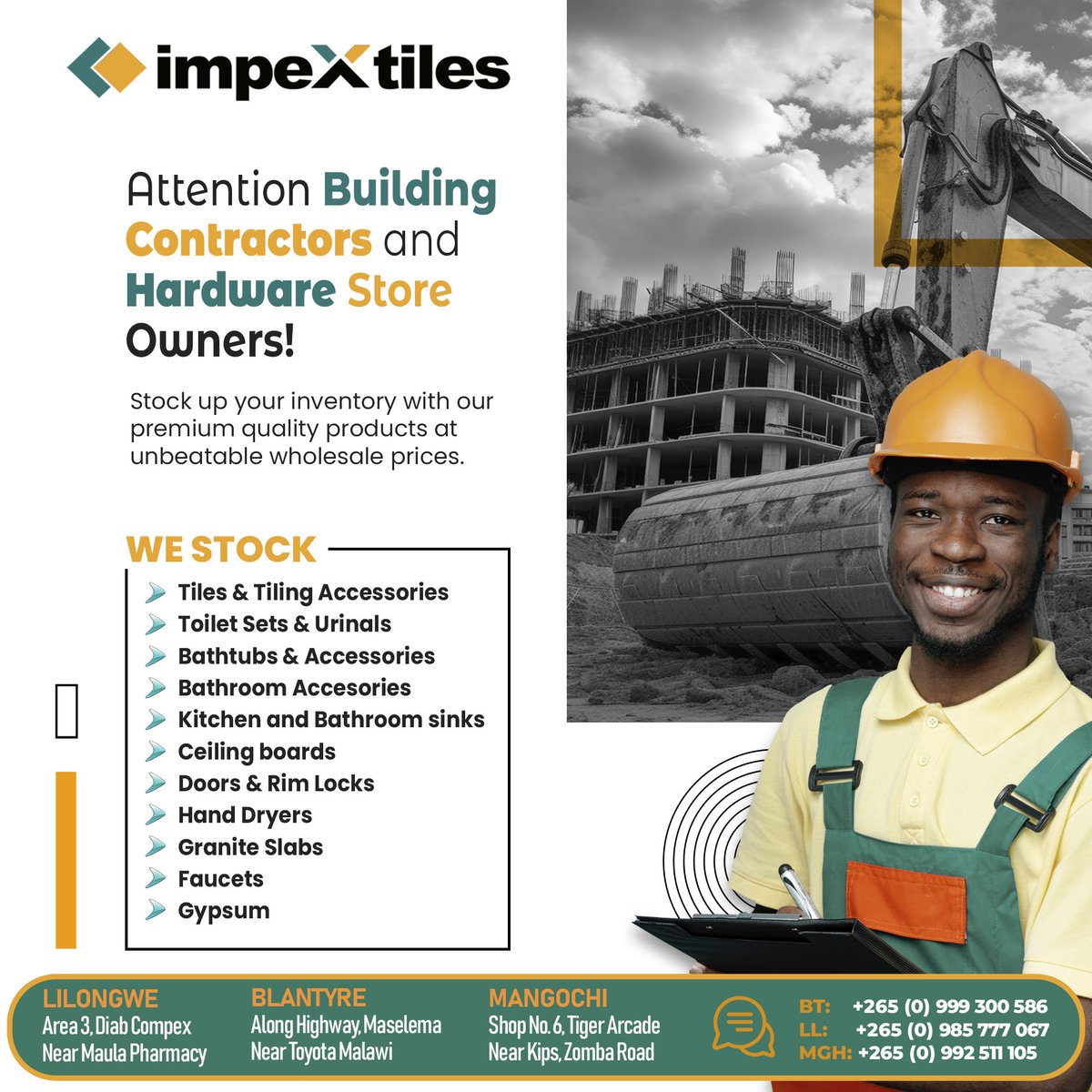 ImpexTiles's tweet photo. ARE YOU A BUILDING CONTRACTOR OR HARDWARE STORE OWNER?!
Stock up your inventory with our premium quality products at unbeatable wholesale prices with unmatched discounts and delivery for all bulk purchases. Visit our shops in Blantyre, Lilongwe or Mangochi today! https://t.co/zQxaFY8zx4