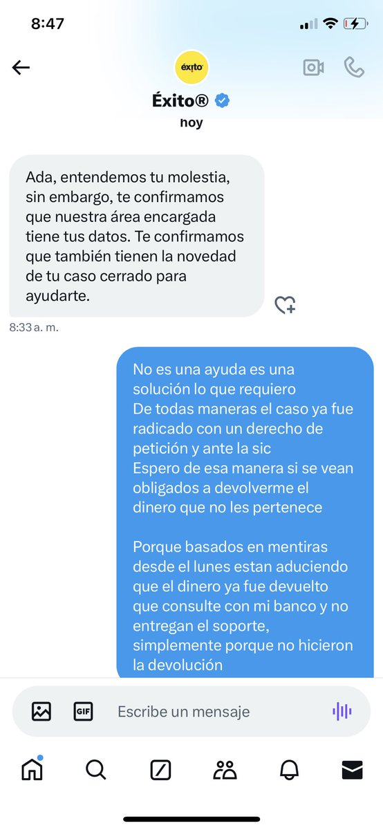 AdaRachell's tweet photo. Los canales d atención d @almacenesexito son iguales. 1 mes solicitando la devolución d $$ por una compra realizada en web, en donde enviaron lo q quisieron y no lo q compré. Cierran los casos con mentiras y ahora dicen estarme “ayudando”. No necesito ayudas, quiero soluciones!! https://t.co/Wb5xe2vnNJ