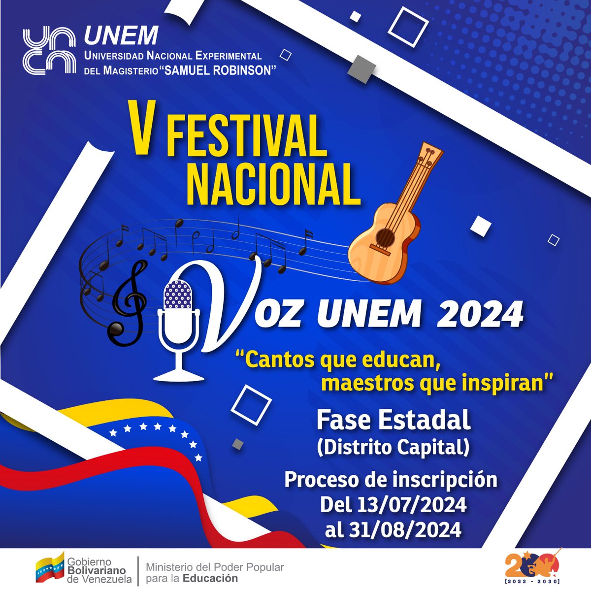 SomosUnem's tweet photo. #Atención || Invitamos a los #Unemistas del #DistritoCapital a formar parte de la fase estadal del V Festival Nacional de la Voz #UNEM 2024 “Cantos que Educan, Maestros que Inspiran", tienes oportunidad hasta el #31Ago. Realiza tu inscripción en el link https://t.co/yX2JLgU2DZ https://t.co/J48tDYeZCT