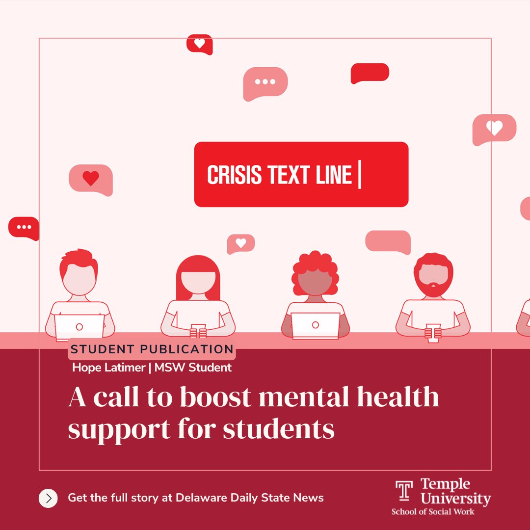 Temple University Social Work (@templessw) on Twitter photo #StudentPublication: MSW Student Hope Latimer, published an op-ed entitled “A call to boost mental health support for students” in Delaware’s <a href="/TheStateNews/">Daily State News</a>. Hope’s op-ed brings attention to and advocates for the passage of the Student Mental Health Helpline Act. #StudentPublication: MSW Student Hope Latimer, published an op-ed entitled “A call to boost mental health support for students” in Delaware’s <a href="/TheStateNews/">Daily State News</a>. Hope’s op-ed brings attention to and advocates for the passage of the Student Mental Health Helpline Act.