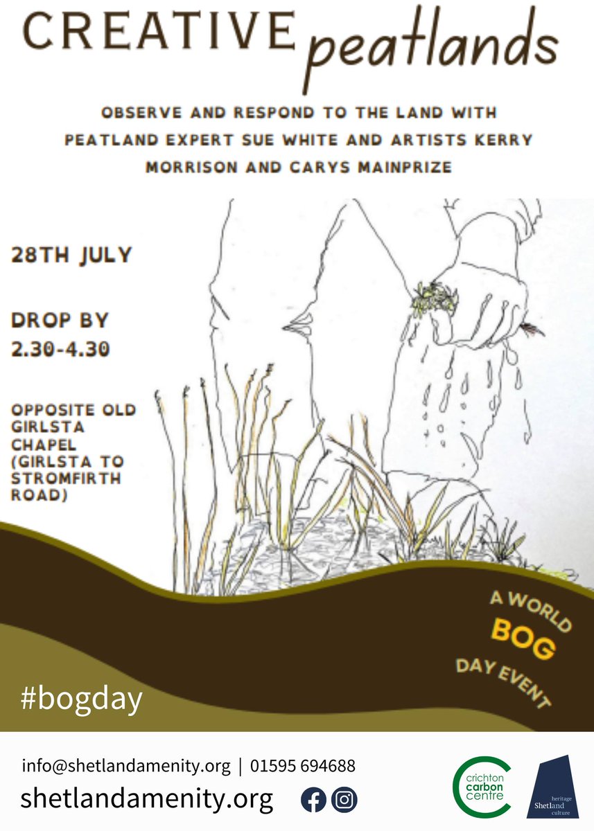 CarbonCentre's tweet photo. We have two events with @ShetlandAmenity:

EXPERIENCE PEATLANDS - all ages, hands on discovery of peat - 27 July, drop in 12:00 – 2:30pm at Shetland Museum and Archives

CREATIVE PEATLANDS - Observe and respond to the land with us - 28 July, drop in 2:30pm – 4:30pm, at Girlsta https://t.co/zPoRh0ct0K