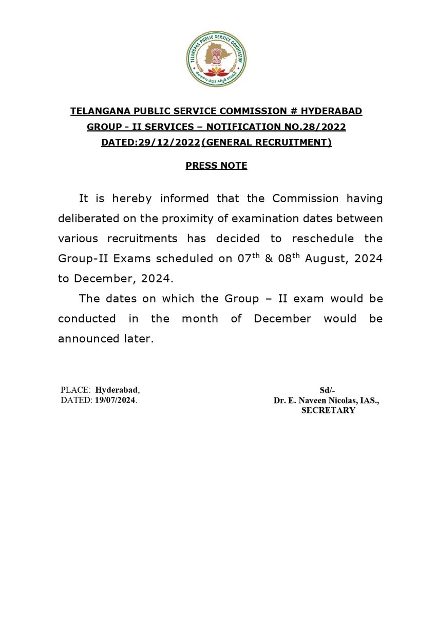 JacobBhoompag's tweet photo. #TGPSC  - Reschedule of the Group - II Exams scheduled on 7th and 8th August. 2024 to December 2024.

Thank you very much CM sir @revanth_anumula 

#GroupII
#Postponement https://t.co/D2Jtr5lOUK