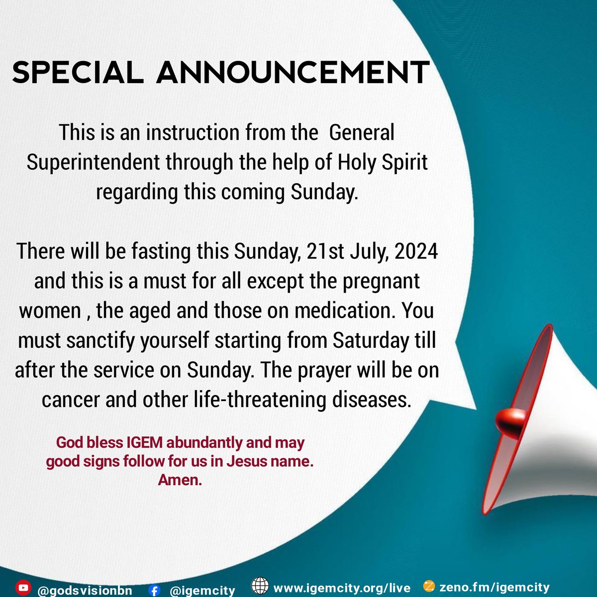 igemcity's tweet photo. Special Announcement from the General Superintendent through the help of Holy Spirit. #igem #announcement #special #Sundayservice #July #21st https://t.co/XKMAmB75hu