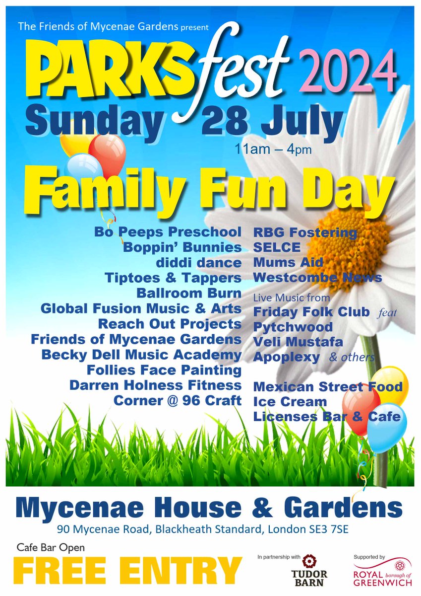 Mycenae House (@mycenaehouse) on Twitter photo Join us in <a href="/mycenaegardens/">Friends of Mycenae Gardens</a> on Sunday 28 July 11am-4pm for a Family Fun Day as part of #PARKSfest
FREE entry!
With games / crafts / live music / Street Food / Licensed Cafe Bar / plus lots more!
#FamilyFun #Free #Blackheath #Greenwich Join us in <a href="/mycenaegardens/">Friends of Mycenae Gardens</a> on Sunday 28 July 11am-4pm for a Family Fun Day as part of #PARKSfest
FREE entry!
With games / crafts / live music / Street Food / Licensed Cafe Bar / plus lots more!
#FamilyFun #Free #Blackheath #Greenwich