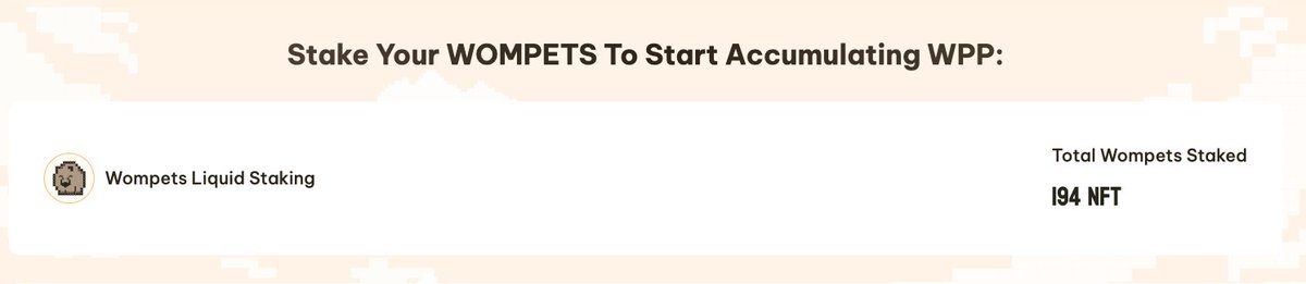 wompets_'s tweet photo. 4/ Or, if you're a #Wompets NFT holder, stake it on Wompets and enjoy WPPs coming your way. ๐ค
Over 190 Wompets NFTs have been staked so far! ๐ https://t.co/v2YhzAkYUa