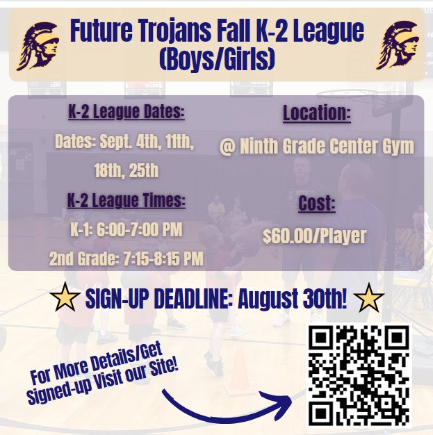 TrojanFuture's tweet photo. 🚨FT K-2 League Registration🚨 Excited to announce the dates for our K-2 Future Trojans League.  You can access all the information on our site below.  Hope to see a great crowd of Future Trojan players!

💻 - https://t.co/M17yLPLLxg https://t.co/YVUzQHFZtc