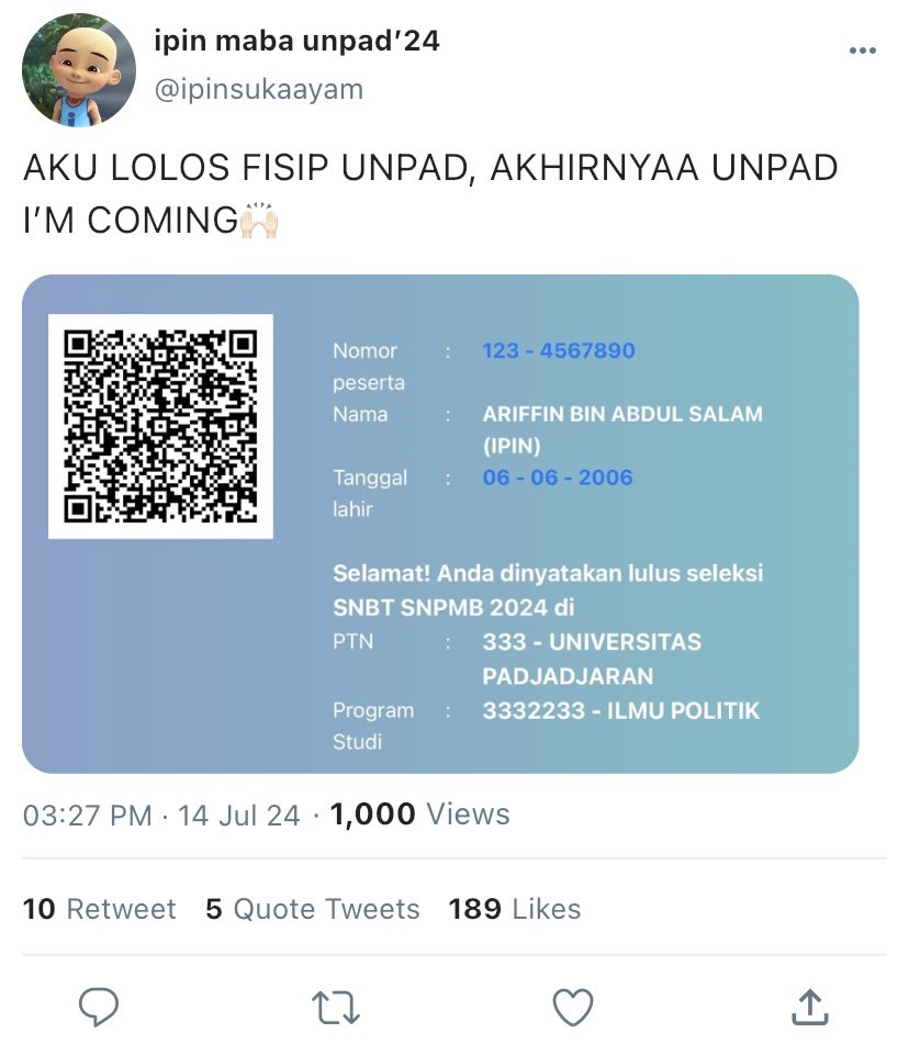 SMA Tadinya Mesra Goes to Unpad

- upin &amp; ipin few tweets au
Written by Prabu Unpad