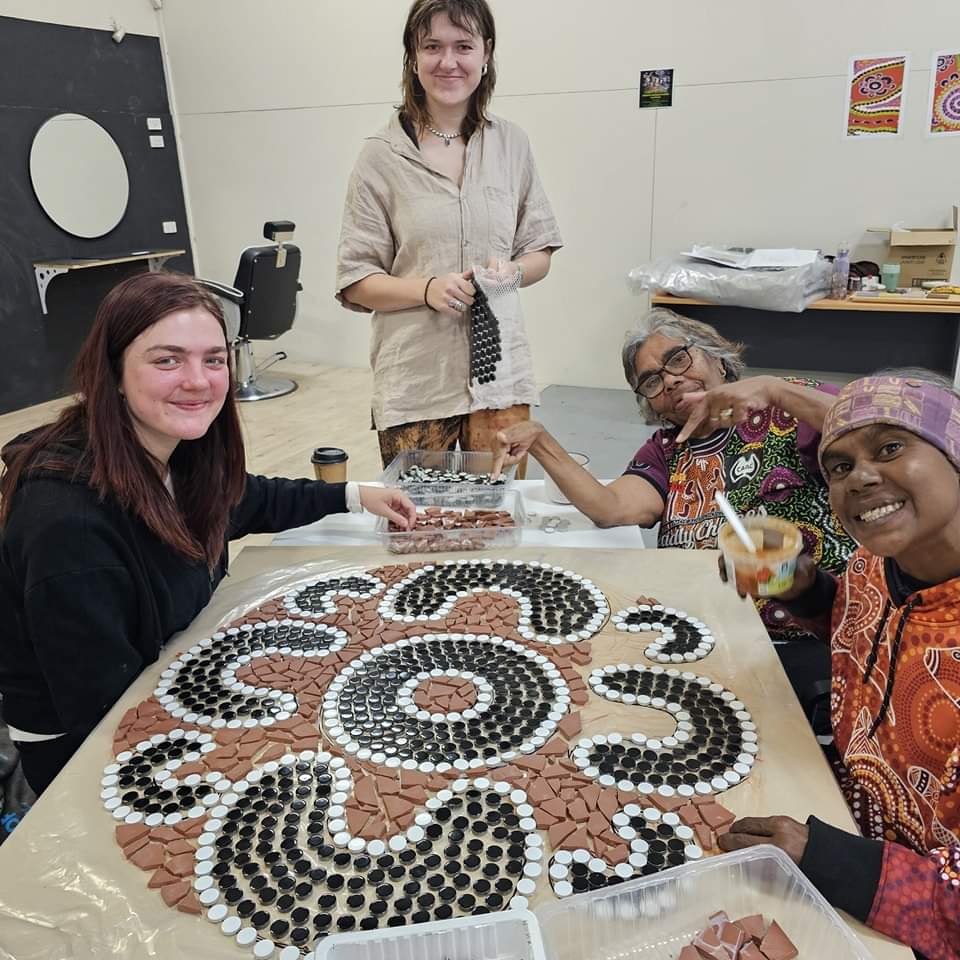 Shirleencampbe5's tweet image. And so it begins! Tangentyere Women's Family Safety Group has started on The Ground of Reflection mosaic. Watch this space to see how this amazing project unfolds 🤎🤍🖤
#FinallyitsHappening @CorboMaree @ChayBrown1 No stopping Us Mob Now, #Mparntwe here we Come, Community's!