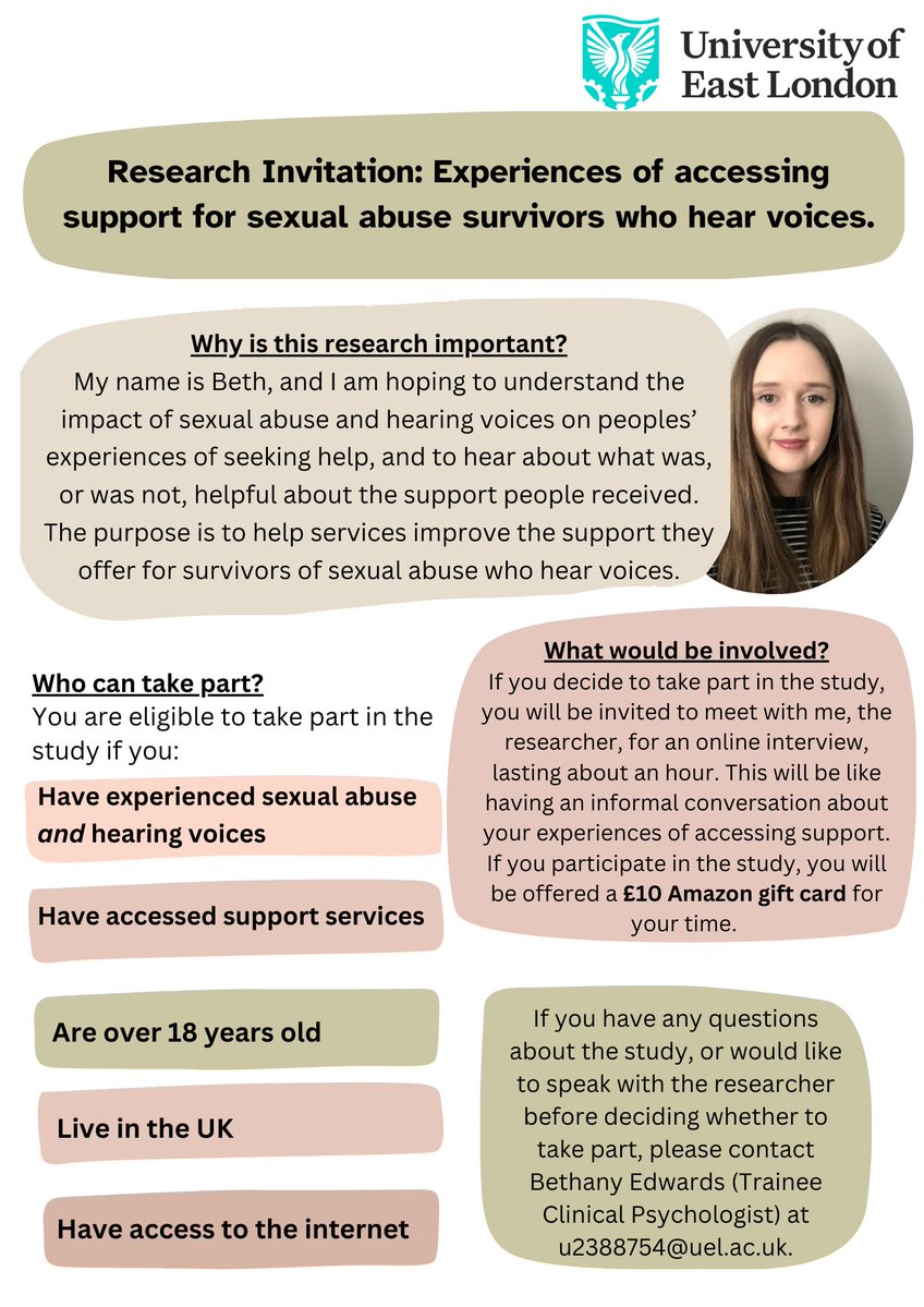 BethEdwards279's tweet photo. Are you a survivor of sexual abuse who has experience of hearing voices?
I am inviting adults to share their experiences of accessing support services as part of my research. Please contact me at u2388754@uel.ac.uk for more information.
tw // sexual abuse https://t.co/5CupwzE1t3