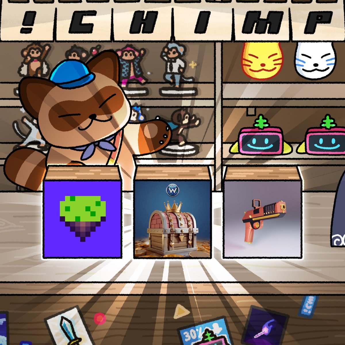 ChimpersHQ's tweet photo. Did someone say gaming? 🕹️

We’ve partnered with web3 leaders, @niftyisland @pixels_online &amp; @SecondWorld_io to bring special in game items to the Tanuki Bazaar Marketplace!

Chimpers can now claim their sweepstake tickets, and 8 lucky winners will be revealed next Friday! 💎🛒 https://t.co/GKdyVi0NiP