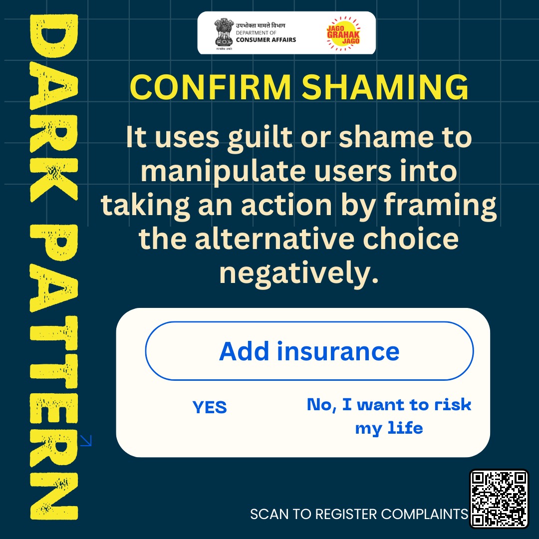 jagograhakjago's tweet photo. Consumers never fall for confirm shaming dark pattern as it manipulates your choices through wording that makes you feel bad or ashamed for opting out. #DarkPtterns #ConsumersAwareness https://t.co/ppM3BPd0iX