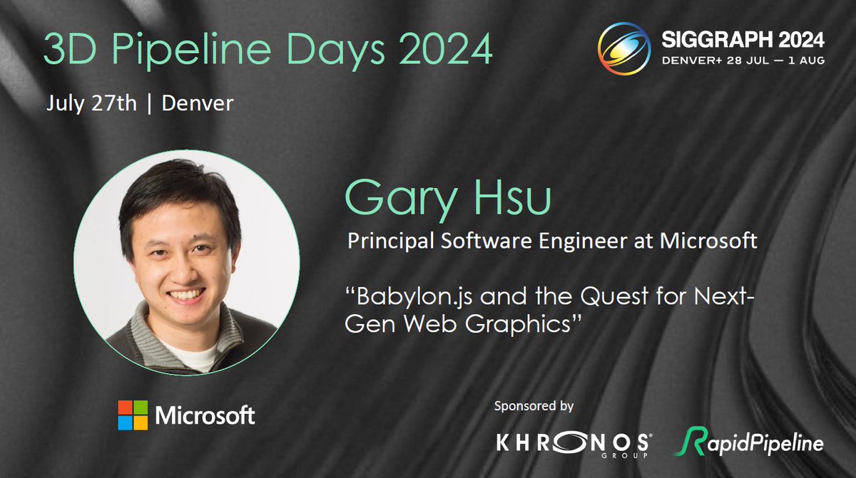 "Babylon.js and the Quest for Next-Gen Web Graphics"

Incredibly excited to welcome <a href="/babylonjs/">Babylon.js</a> engineer <a href="/bghgary/">Gary Hsu</a> as a speaker for 3D Pipeline Days 2024, co-located with #SIGGRAPH 2024!

Registration open, full program online now:
rapidpipeline.com/pipeline-days-…