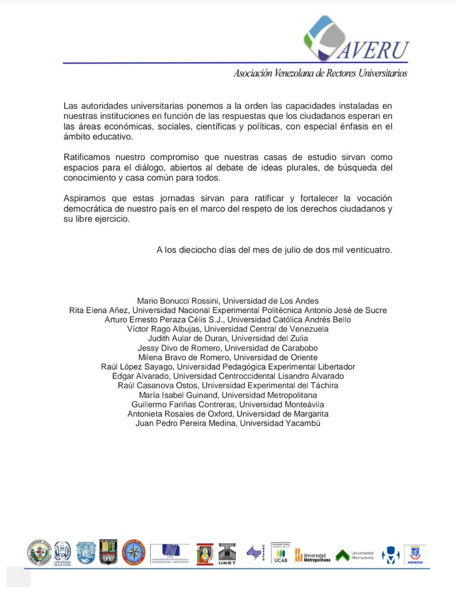 Comunicado de la Asociación Venezolana de Rectores Universitarios (AVERU) en donde invitan a toda la sociedad a participar activamente en las elecciones presidenciales del 28 de julio.

#Unexpo #UnexpoVe #UnexpoEnRedes #Universidades