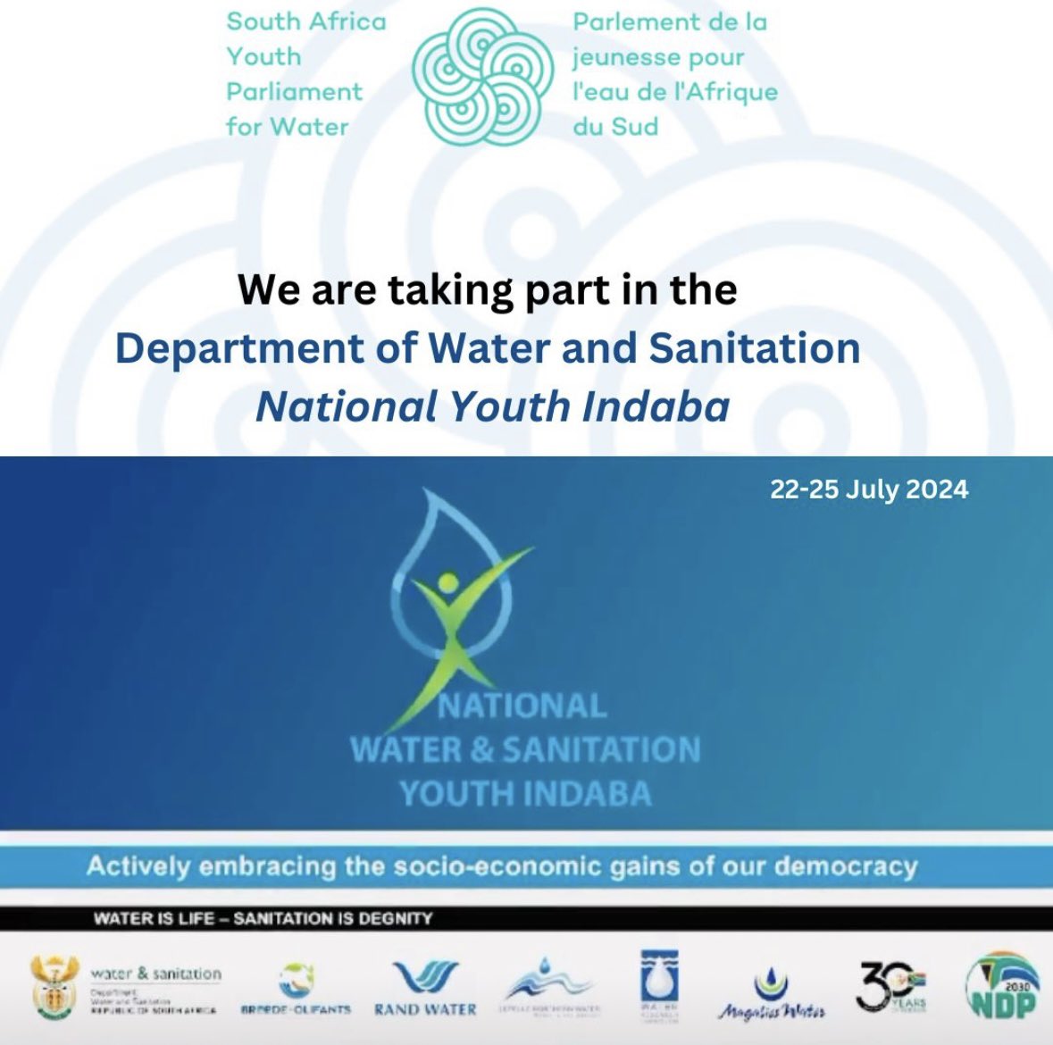 We will be present at the 2024 Department of Water and Sanitation Youth Indaba, hosted by Lepelle Northern Water from 22-25 July, in Polokwane, Limpopo, under the theme "Actively embracing the socio-economic gains of our democracy"

#YouthForWater #WaterGeneration 💧💧