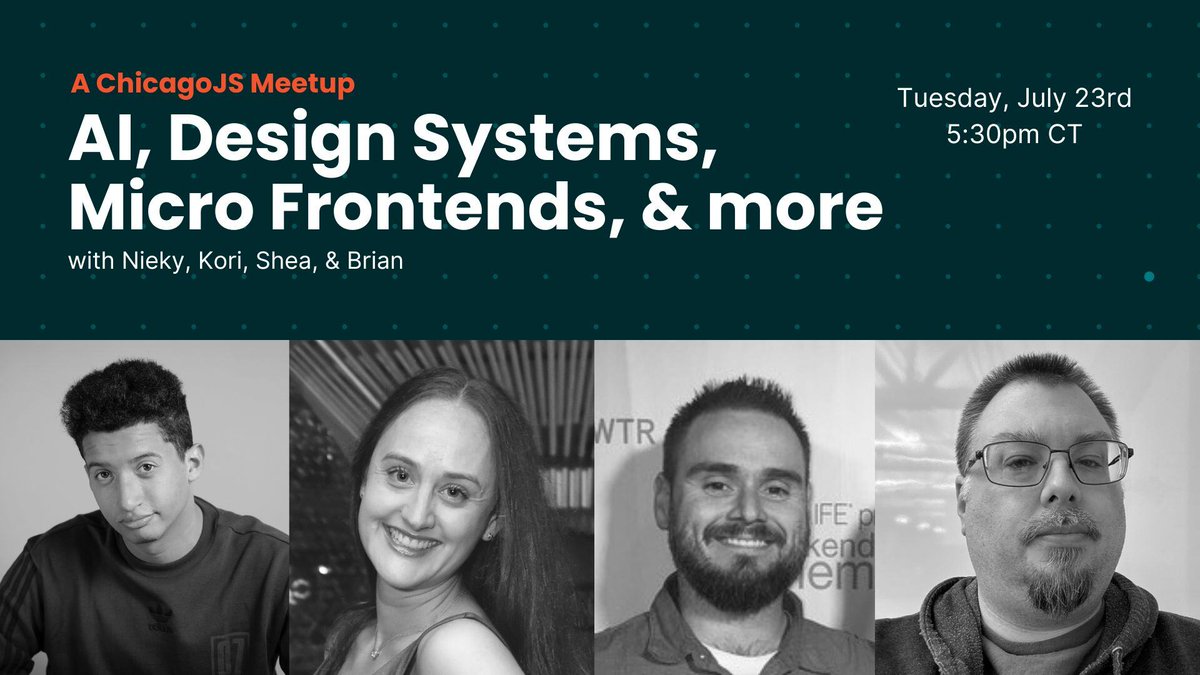 bitovi's tweet image. 📣 Chicago, this is the last call to register for our free #TechChicago meetup! 
Next Tuesday, July 23rd, #ChicagoJavaScript is hosting an epic evening of technical talks, networking, and pizza. What's not to love?
👉 Read all the details & RSVP: hubs.ly/Q02H6Wtd0