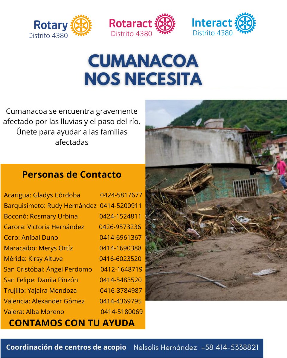 ‼️Cumanacoa nos necesita ‼️ 

📍Acércate al centro de acopio más cercano ó comunícate a los números telefónicos para poder hacer tu donación.

¡Unidos con Cumanacoa!

#Venezuela #Sucre #Cumanacoa #Ayuda #ManosSolidarias #Rotary #Rotaract #Interact