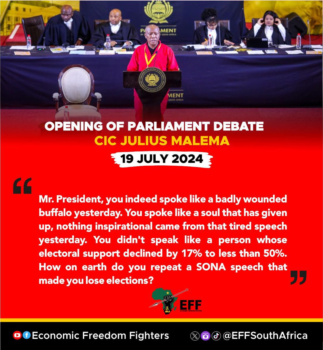 EFFSouthAfrica's tweet photo. The EFF’s President and Commander-In-Chief @Julius_S_Malema’s debate today during the Opening of Parliament Address Debate
#CICDebates
#EFFinParliament https://t.co/2QveVjWG6f