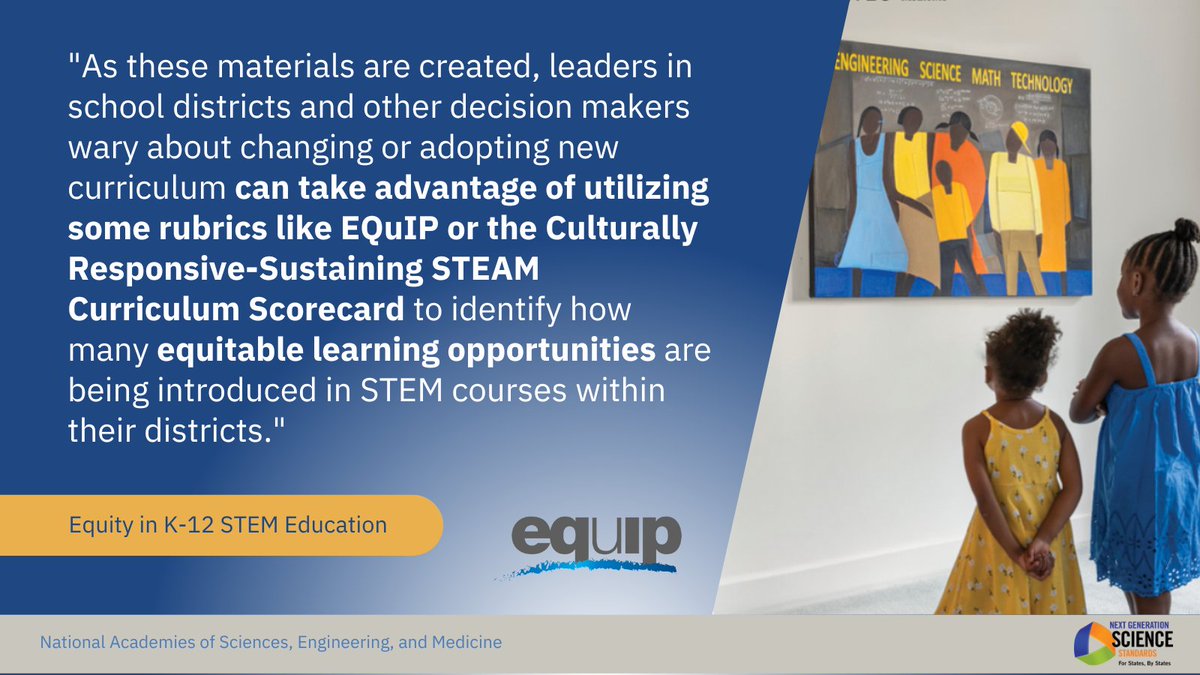 Evaluating instructional resources can help ensure students have meaningful and equitable learning experiences.

See tools for evaluating materials for science here:  nextgenscience.org/evaluating-ngs…