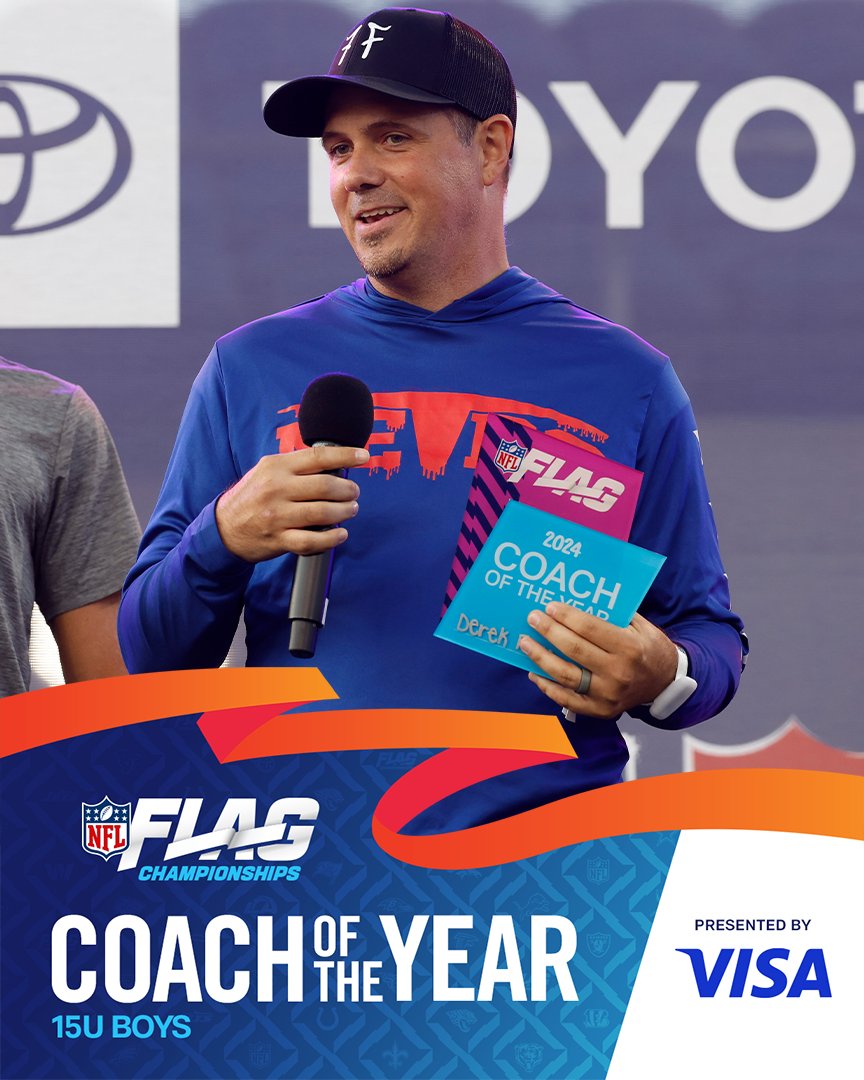 NFL's tweet photo. Congratulations to the 2024 @Visa @NFLFLAG Coach of the Year winners 🏆🏈

15U Boys - Coach Derek Frye of Metro Select (TX)
18U Girls - Coach Ralph Graham of GSA (FL) https://t.co/v07CQMKoAz