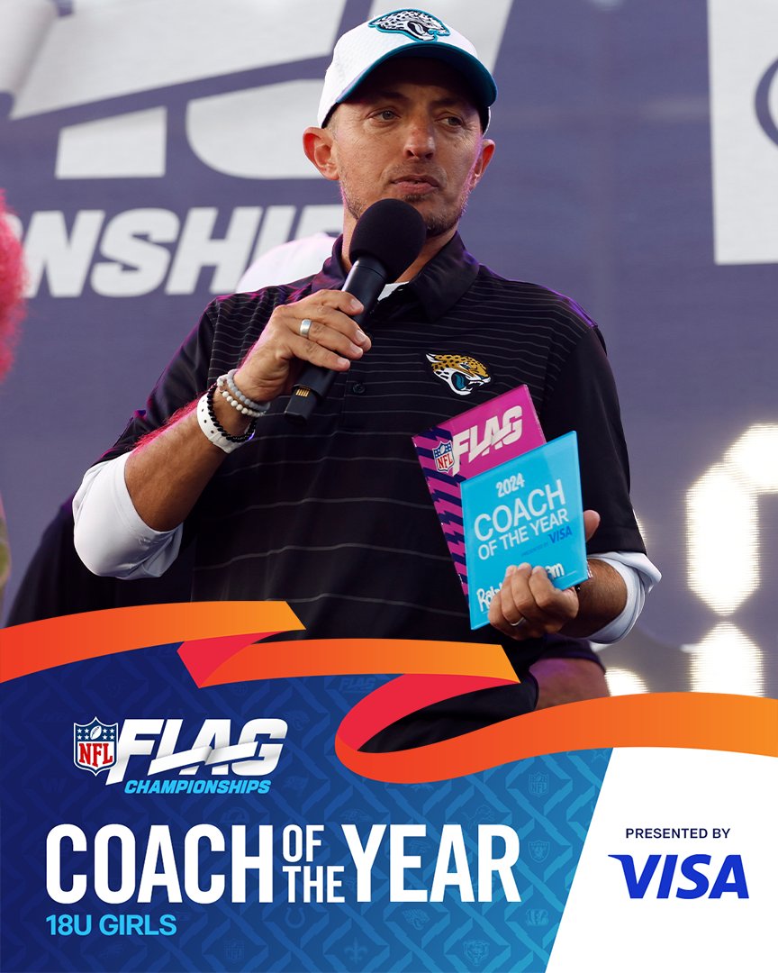 NFL's tweet photo. Congratulations to the 2024 @Visa @NFLFLAG Coach of the Year winners 🏆🏈

15U Boys - Coach Derek Frye of Metro Select (TX)
18U Girls - Coach Ralph Graham of GSA (FL) https://t.co/v07CQMKoAz