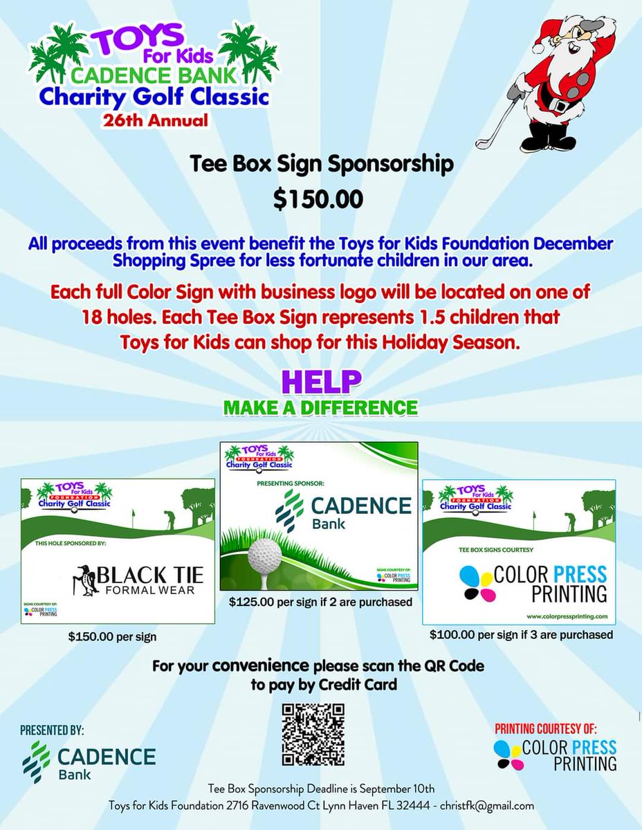 toysforkidspc's tweet photo. Please support Toys for Kids Foundation and sponsor a Tee Box sign our upcoming golf tournament. It is time to gear up for the holiday season and take care of less fortunate children in Bay County.

Thank you
Chrie https://t.co/M8x3DITRL9
