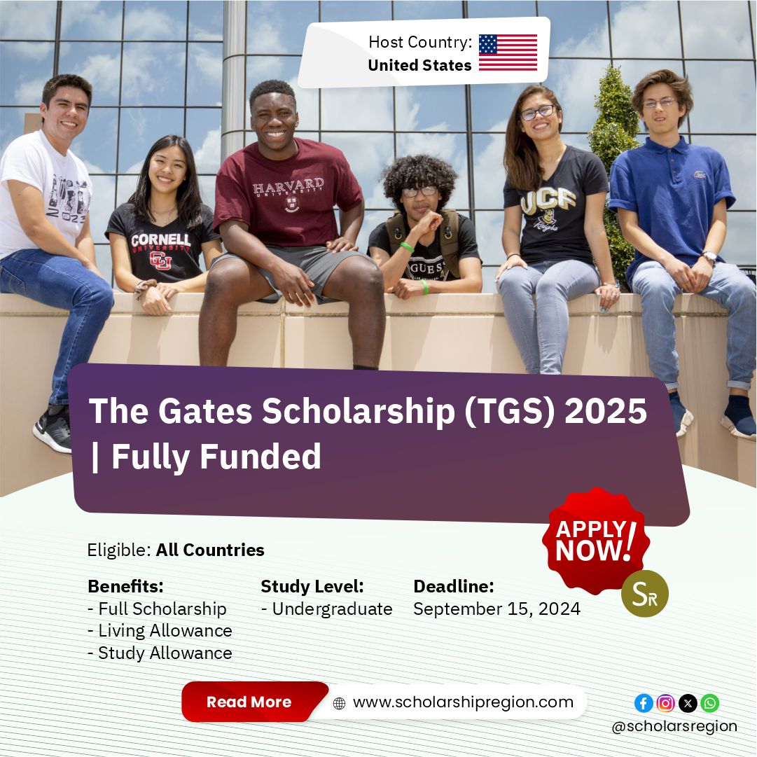 scholarsregion's tweet image. The Gates Scholarship (TGS) 2025 | Fully Funded

Country: United States🇺🇸
Benefits:
⭐Full scholarship &amp;amp; Living Allowance
✅Study Allowance

Category: Undergraduate
Eligible: US Citizens | US Residents | All Countries
Deadline: September 15, 2024

APPLY↙️
scholarshipregion.com/the-gates-scho…