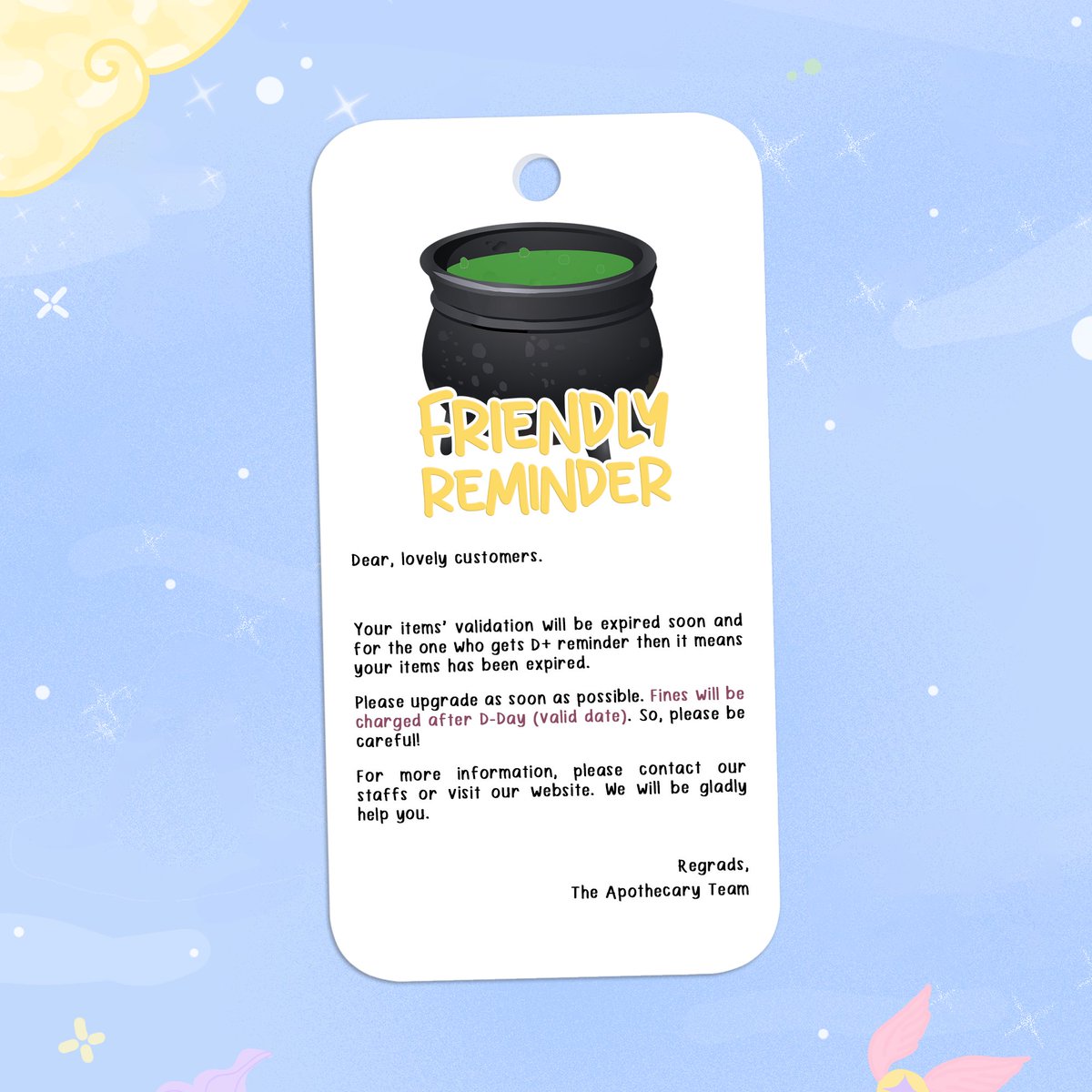 AH_Apothe's tweet image. ⠀
⠀
🔔 𝐅𝐑𝐈𝐄𝐍𝐃𝐋𝐘 𝐑𝐄𝐌𝐈𝐍𝐃𝐄𝐑

“Selamat sore semuanya! Apo-chawn datang dengan membawa surat pengingat! Jangan lupa untuk memperbaharui itemsnya sebelum tenggat waktu yang diberikan.”

📜: (justpaste.it/APOREMINDER-19…)
⠀
⠀