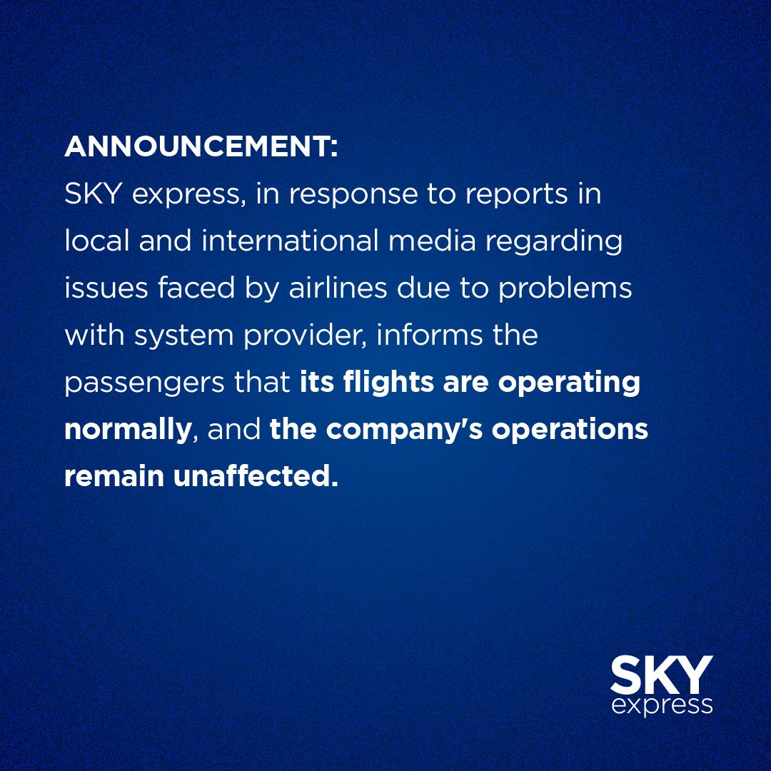 gtpgr's tweet photo. Announcement by SKY express regarding reports about Microsoft's outage. #Travel #Tourism #TourismIndustry #aviation #flights #SkyExpress #airports #Microsoft #Windows #MicrosoftOutage #MicrosoftBlackout #ServerDown #AirTravel #crowdstrike #Technology #Technologyproblem https://t.co/Uw5HZZ2bar