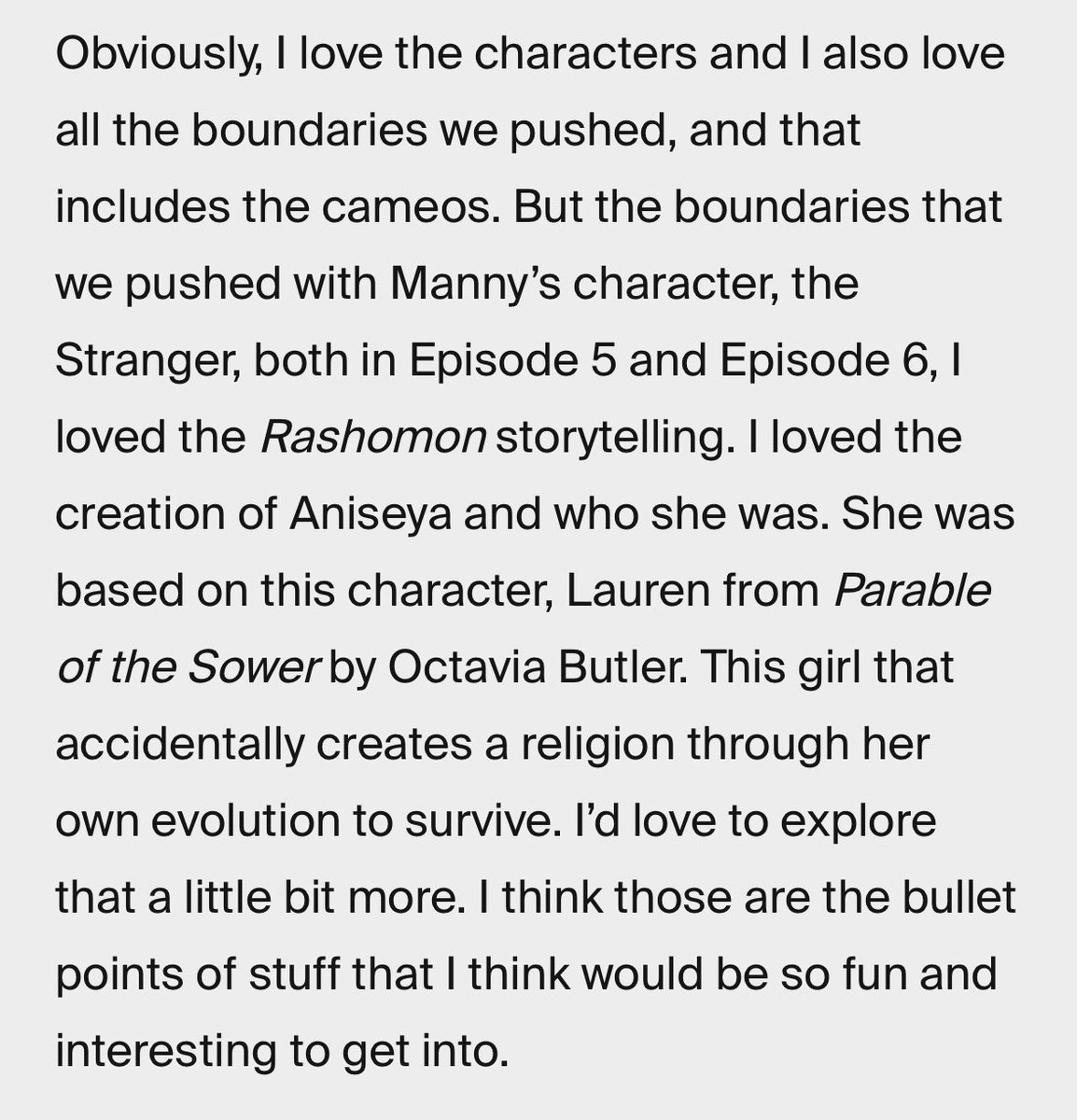 lyviescott's tweet photo. personally can’t stop thinking about how mother aniseya was inspired by an octavia butler character: “this girl that accidentally creates her own religion through her own evolution to survive” … need an aniseya prequel i’m so serious https://t.co/vTN0r99sMR
