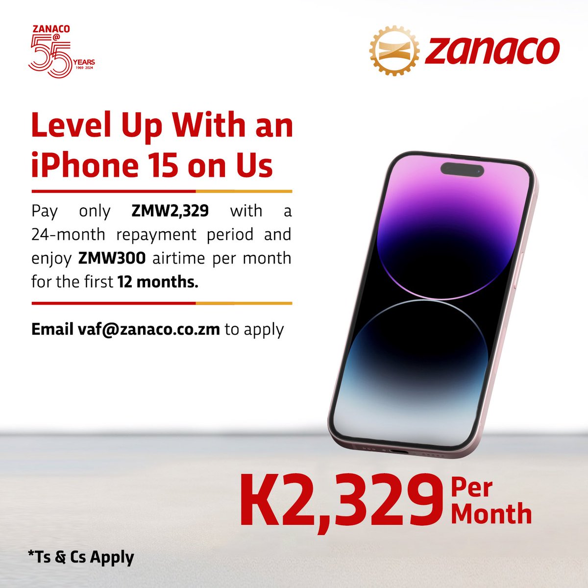 zanacoplc's tweet image. Pay only ZMW2,329 with a 24-month repayment period and enjoy ZMW300 airtime per month for the first 12 months. 

Email vaf@zanaco.co.zm to apply