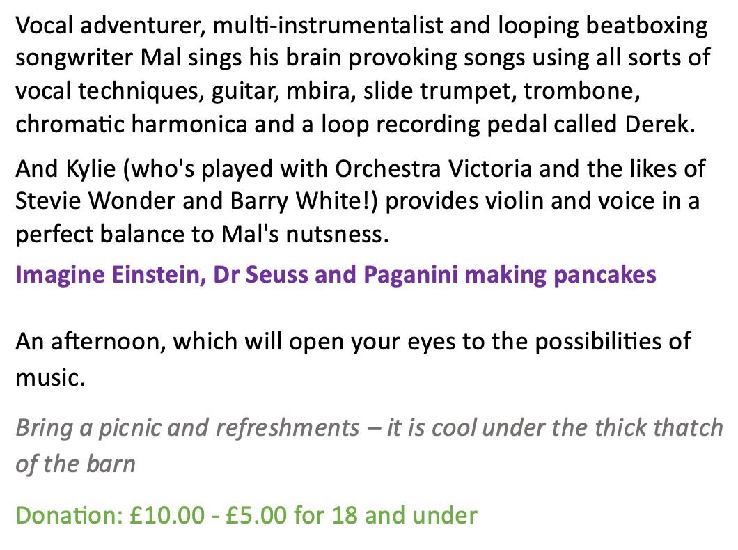 TBarnT's tweet photo. Sat 20 July @2:30pm #Music @TBarnT – intricate+playful from Down Under w Mal+Kylie - vocal adventurer,quirky multi-instrumentalist + violinist who played for Orchestra Victoria,Stevie Wonder+Barry White (!) provides violin + voice in a perfect balance to nutsness! Very enjoyable! https://t.co/fzhBWeQ0g6