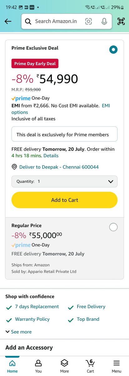Deepushiv's tweet photo. @amazonIN  Is it the prime day deal ?🤣🤣🤣 Discounting Rs. 10 on a Rs. 55000 product. Prime day sale is a scam !!!! #PRIMEDAYSCAM https://t.co/RHKmhKyjOz