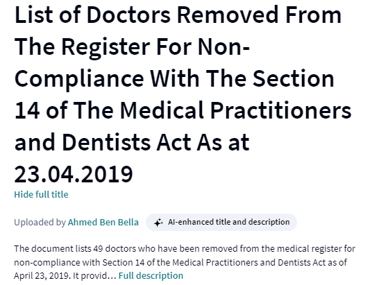 C_NyaKundiH's tweet photo. Newly appointed Cabinet Secretary for Health Dr Deborah Mlongo Barasa was named on a 2019 list of doctors removed from the medical register for non-compliance with Section 14 of the Medical Practitioners and Dentists Act. 

The document dated April 23, 2019, lists 49 doctors who were deregistered for failing to comply with necessary medical regulations. 

Kenyans have expressed their disbelief that her name appears alongside those barred from practising medicine in Kenya yet she is the person President William Ruto now wants to be entrusted with overseeing the entire health sector.

According to LinkedIn, Dr Deborah Mlongo Barasa is an Internal Medicine physician and Infectious Disease Expert currently serving at the World Health Organization.

Her ascent to WHO is nothing short of bewildering considering the troubling past aspects of her career.