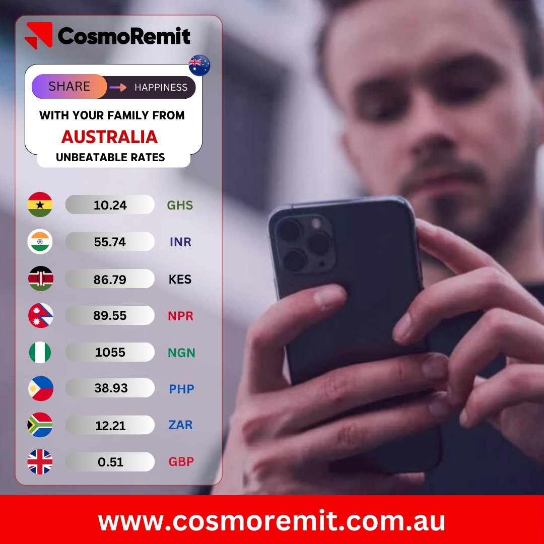 Check out our current exchange rates for all our major currencies.
Share happiness from Australia all over the world.

PS: Rates are not Static

#cosmoremit #nigeriansinaustralia #nigeriansindiaspora #nigeriansinnewzealand #australiatonigeria #australiatoghana #australiatoindia