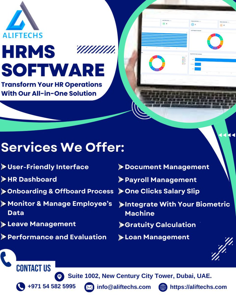 AlifTechsUAE's tweet photo. Advance your HR operations with Alif Technologies HRMS Software!
Visit us at Suite 1002, New Century City Tower, Dubai, UAE.
Contact: +971 54 582 5995
Email: info@aliftechs.com
Website: https://t.co/2MsSEOXgNe
#HRMSSoftware #HRManagement #WorkplaceEfficiency #Aliftechs #HR https://t.co/8G5VVvxRjx