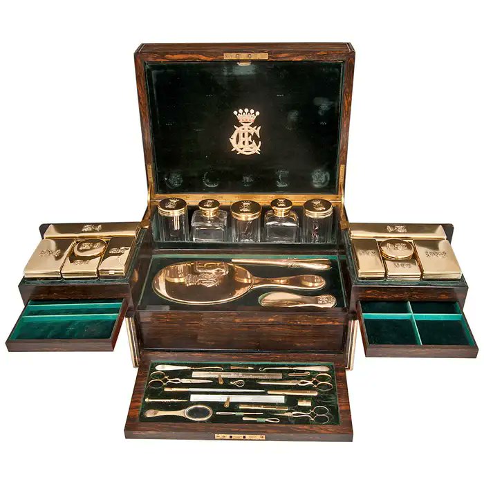 Dressing Case by Ortner and Houle of St. James, London. This belonged to Elizabeth Lucy Cuffe, the Countess of Desart and Lady of the Bedchamber to Queen Victoria (between 1845-1864).