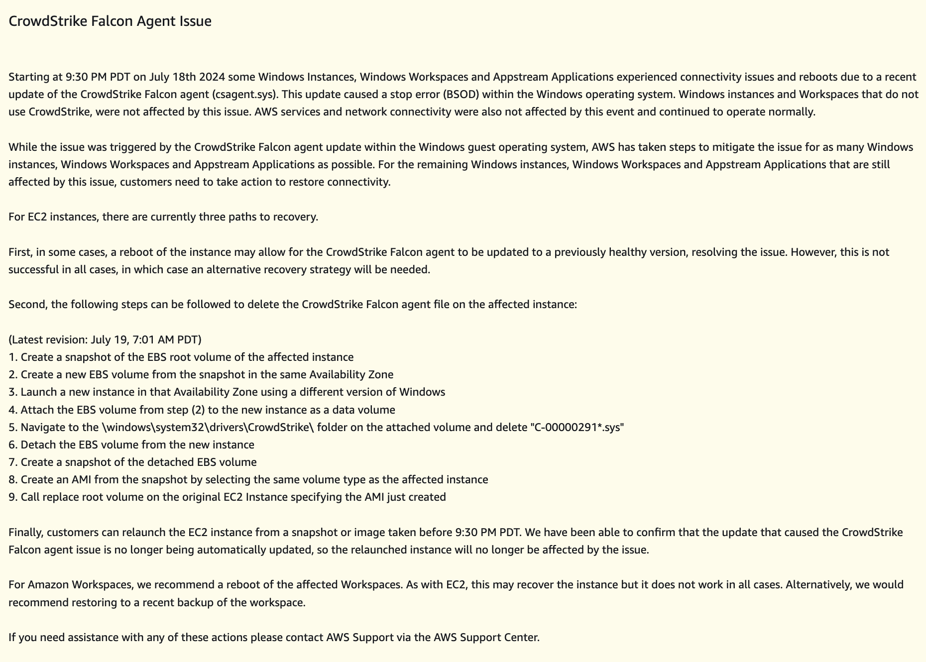 Scott Piper on X: &ldquo;The AWS status page has guidance on Crowdstrike 
