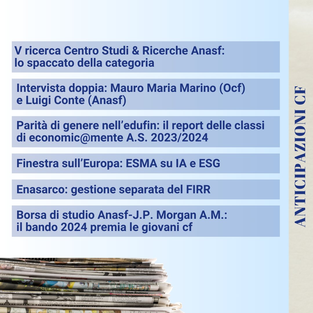 anasfCF's tweet photo. Le anticipazioni di #CF, l'inserto mensile a cura di #Anasf su MF- Milano Finanza
📰 Il numero di luglio sarà disponibile in edicola da domani! https://t.co/n1GopbK3Cs