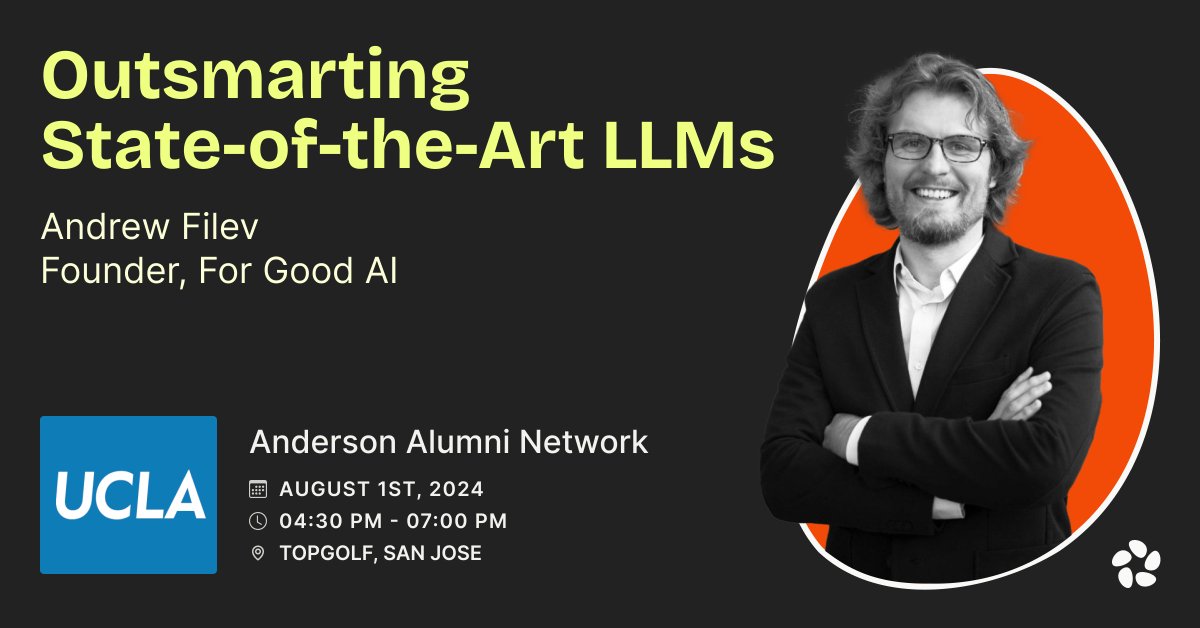 zencoderai's tweet photo. Join us on August 1 at Top Golf San Jose for an event sponsored by the UCLA Anderson Alumni Network! 🎓 Andrew will discuss outsmarting billion-dollar LLMs. Enjoy networking and golf! ⛳️ #UCLAAnderson #AI #LLMs #Networking #Event https://t.co/aZ2j8pwSo6
